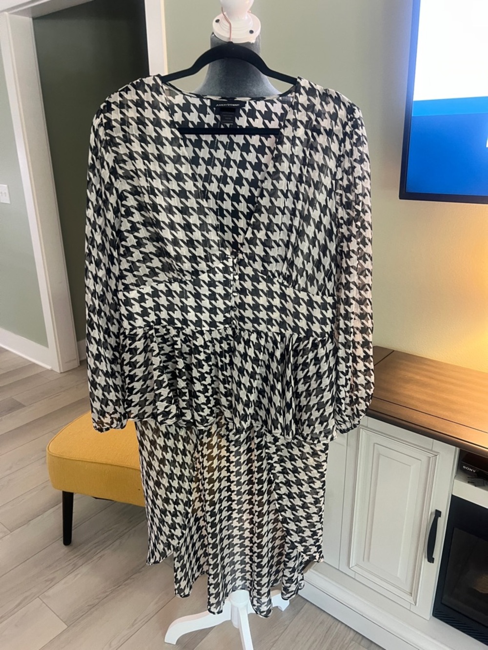 Ashley Stewart Black and White Houndstooth Peplum Midi Dress